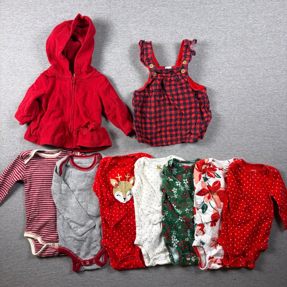 Carters Burts Bees Baby Girl 0-3M Lot Christmas Red Holiday Bodysuits